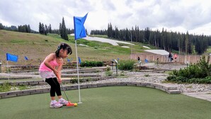 Un camp de mini-golf amb gespa sintètica verda, una bandera blava i un marc de pedra.
