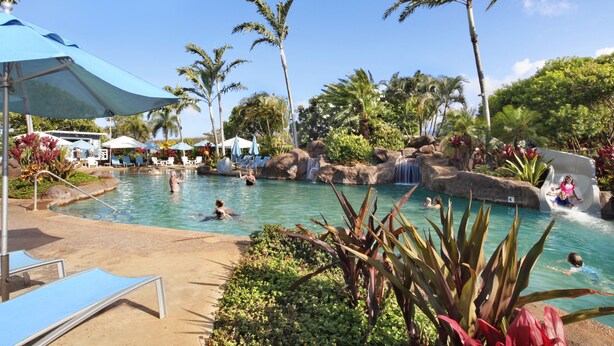 Una piscina con cascada, rodeada de palmeras y sillones de descanso.