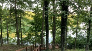 A wooden boardwalk leading to a wooden deck with a white railing, surrounded by trees and a lake. - Year-round 3BR/2BA Lake front - Nolin State Park (1mile) -Mammoth Cave (30min) (Mammoth Cave)