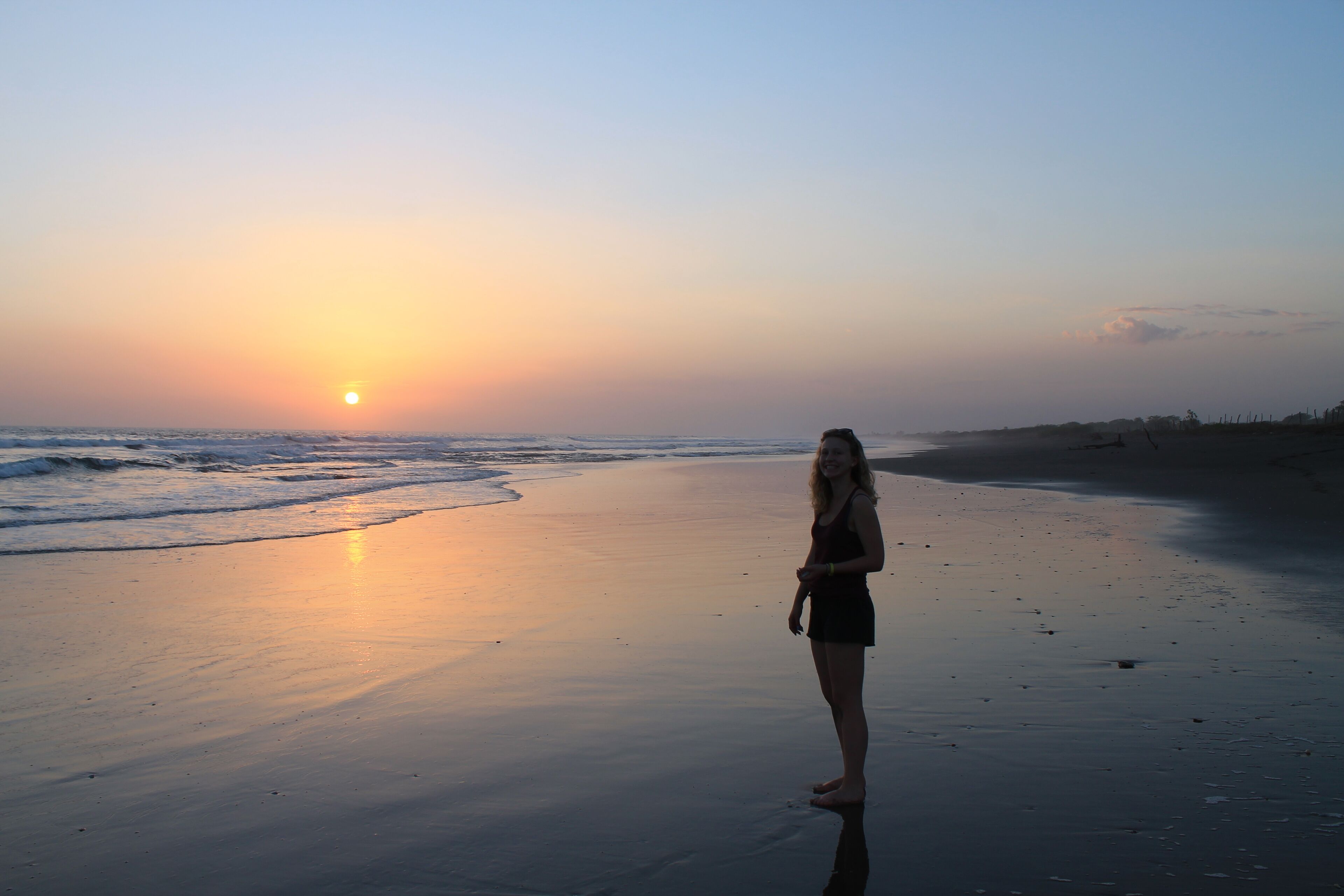 A beach scene with a sunset, a person standing on the sand, and the ocean waves.