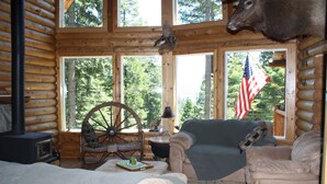 Et interiør af en træhytte med pejs, en gyngestol, en sofa og et stort vindue med et amerikansk flag.