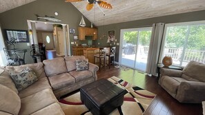 Télévision, cheminée, lecteur de DVD, chaîne hi-fi