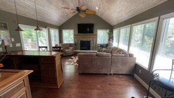 Télévision, cheminée, lecteur de DVD, chaßne hi-fi