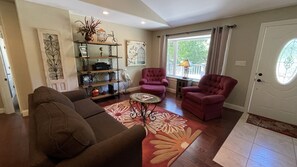 Télévision, cheminée, lecteur de DVD, chaîne hi-fi