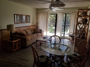 Televisión, reproductor de DVD, libros y estéreo 