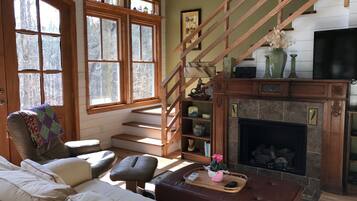 Fernseher, Kamin, DVD-Player, Bücher