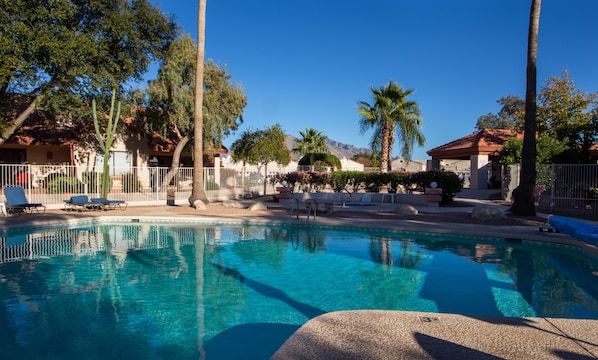 A clear swimming pool with lounge chairs and palm trees.