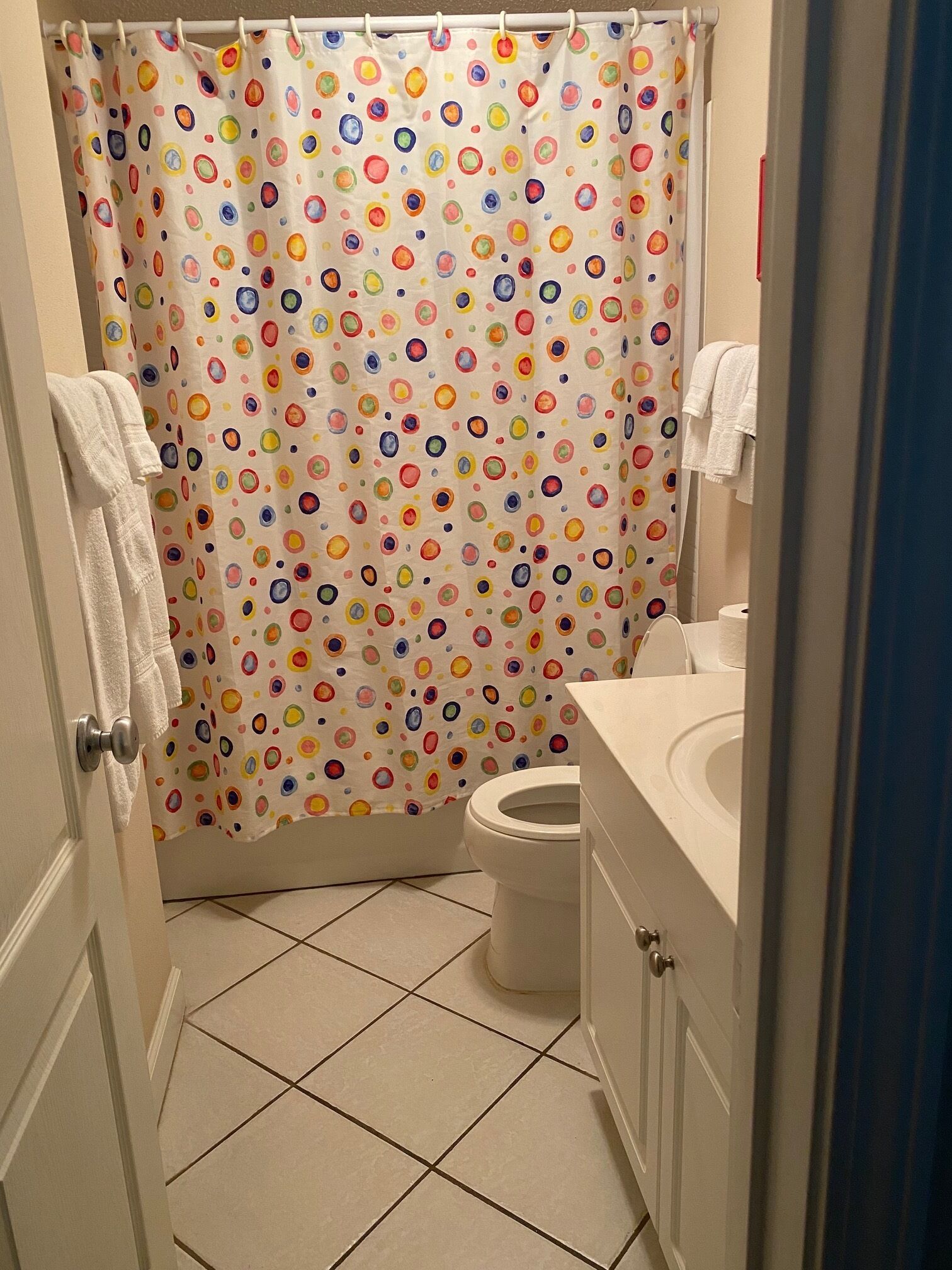 Un baño con cortina de ducha estampada con círculos de colores, un inodoro y un lavamanos con encimera blanca.