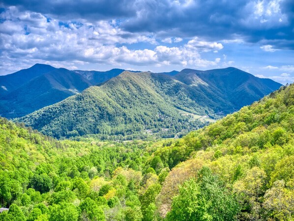 A mountainous landscape with dense green forests and a clear sky.
