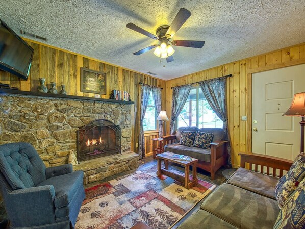 Smart TV, fireplace, DVD player, books