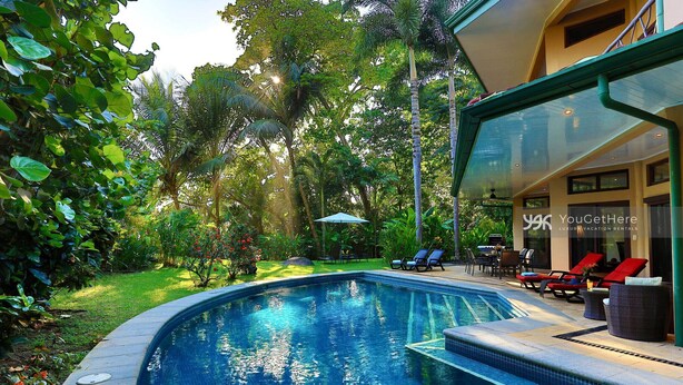 A swimming pool with a glass enclosure, surrounded by lush greenery and outdoor seating.