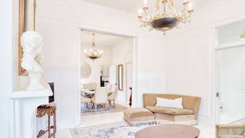 Télévision, cheminée, lecteur de DVD, chaîne hi-fi