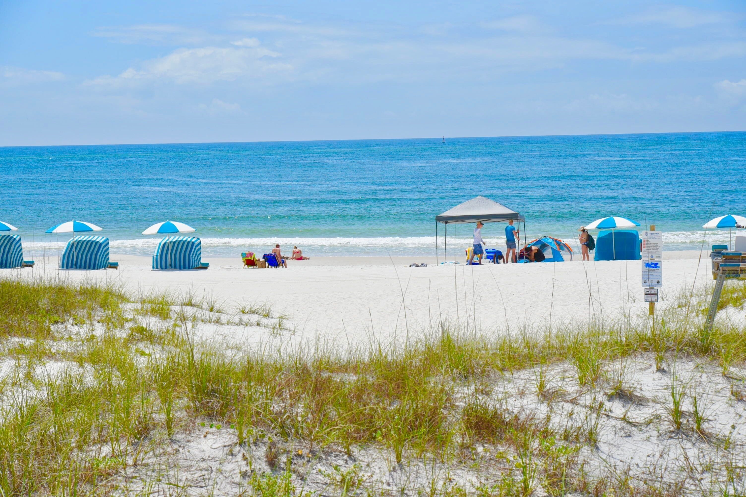 A beach with several blue and white striped beach chairs and umbrellas, a covered seating area, and a sandy foreground with grass.