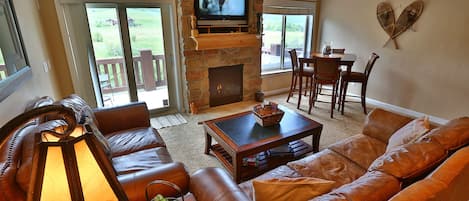 Télévision, cheminée, lecteur de DVD, imprimantes