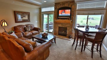 TV, fireplace, DVD player, printers