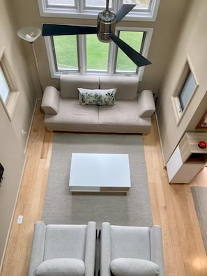 Smart TV, fireplace, DVD player, books