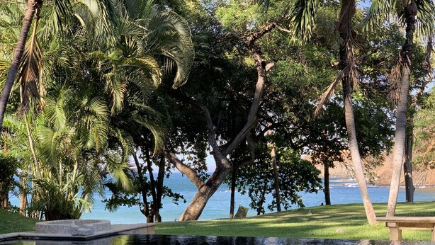 A pool area with a view of the ocean, surrounded by palm trees and a grassy lawn. - Beachfront, Private Pool, Pure Luxury at  Bahia Pez Vela, Villa Las Olas #4 (Playa Ocotal)