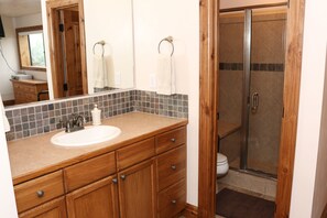 Combined shower/bathtub, jetted bath, hair dryer, towels