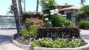 Un espace paysager aménagé en jardin, avec une pancarte indiquant « Halii Kai », entouré de diverses plantes et fleurs.