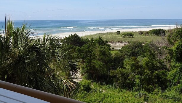 A beach view with dense greenery in the foreground and a clear sky. - 3BR/2BA Oceanfront- Gorgeous Southern View-Gorgeous Kitchen & Baths-Book Early! (Myrtle Beach)