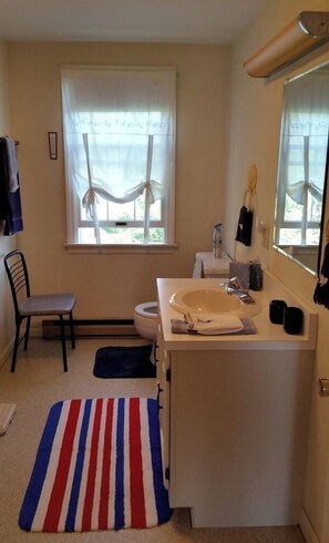 Combined shower/bathtub, hair dryer, towels, soap