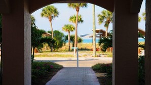A pathway leading to a beach area with palm trees and a view of the ocean. - Stunning Sunset Views-Steps to Siesta Key Beach-A Couples' Romantic Beach Condo (Siesta Key)
