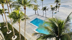 A pool area with palm trees and a view of the beach. - On the Sand! Beachfront Pool & Views! Walk to Everything! (Fort Myers Beach)