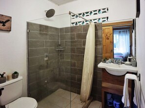 Une salle de bain avec douche, toilettes et lavabo.