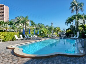 A swimming pool with lounge chairs and umbrellas, surrounded by palm trees and a hedge.