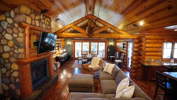 Smart TV, fireplace, DVD player, books