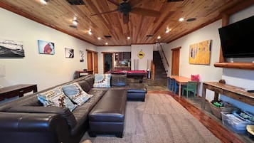 Smart TV, fireplace, DVD player, books