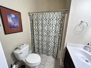 Bathroom features a toilet, shower, sink, and framed artwork.