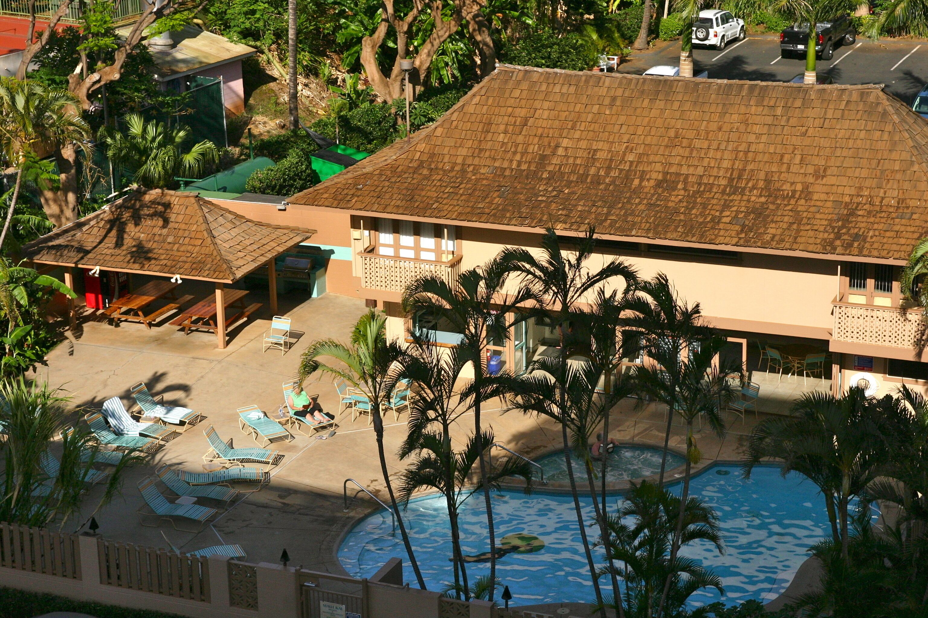 A resort with a swimming pool, lounge chairs, and palm trees.
