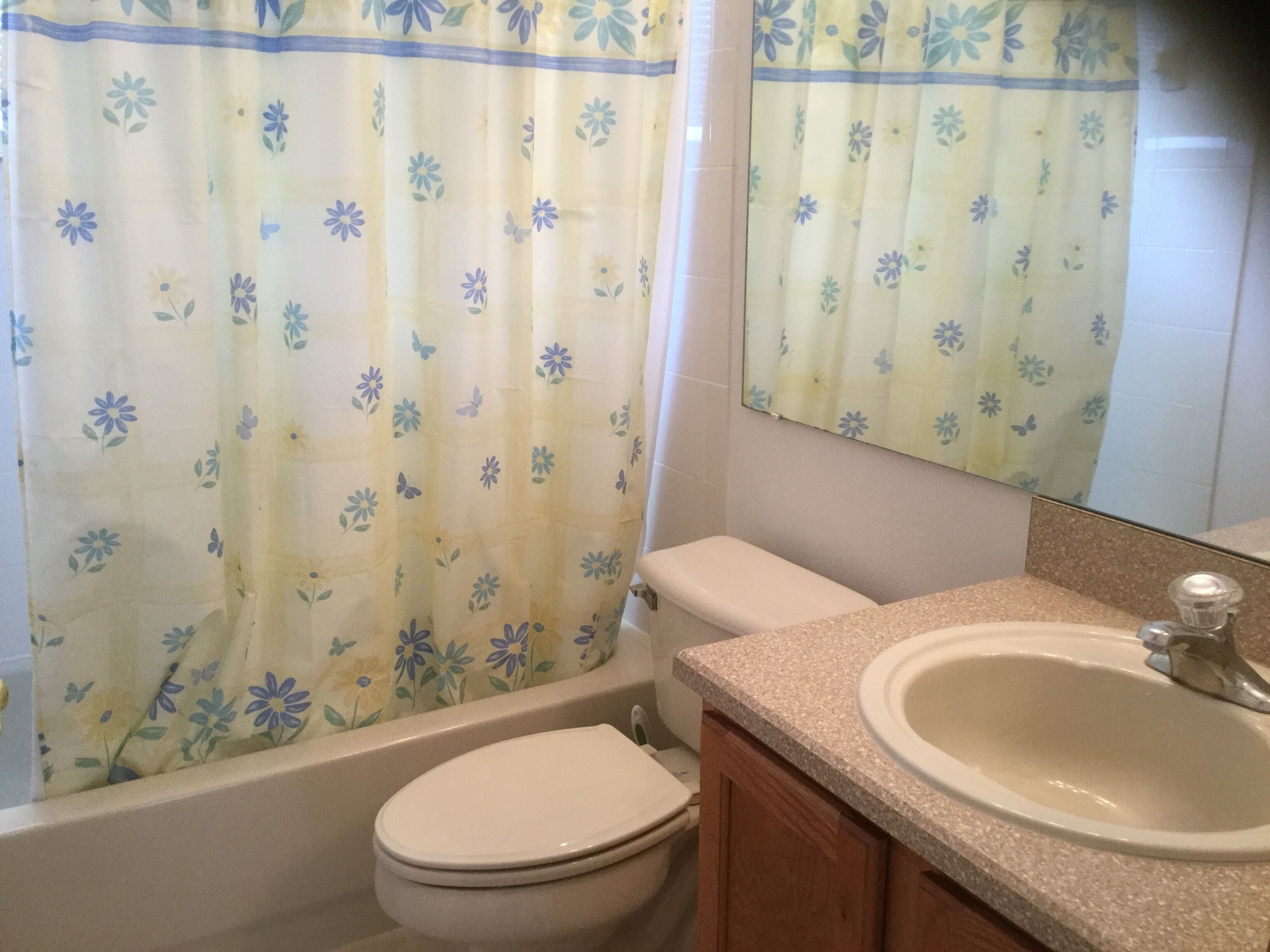 Une salle de bain équipée de toilettes, d’un lavabo et d’un rideau de douche orné d’un motif floral.