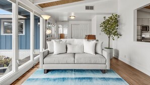 Un salon moderne avec un canapé, un tapis bleu et une plante en pot.