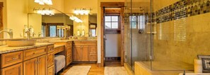 Shower, jetted tub, hair dryer, towels