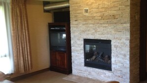 A living room with a fireplace, a sofa, and a television.