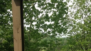 A wooden deck with a view of a grassy field and trees.