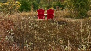 Two red chairs facing a forested landscape with a sunrise. - Exquisite Accommodations Farmhouse with over 100 acres (Castleton)