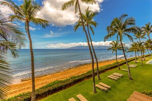 On the beach, sun-loungers, beach towels - Steps from the Sand ! Stunning Curated Interior Mahana at Kaanapali.  Fully AC! (Lahaina)