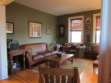 Living room with classic leather sofa.