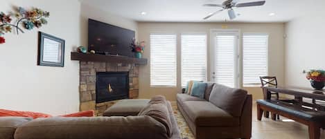 TV, fireplace, video games, DVD player