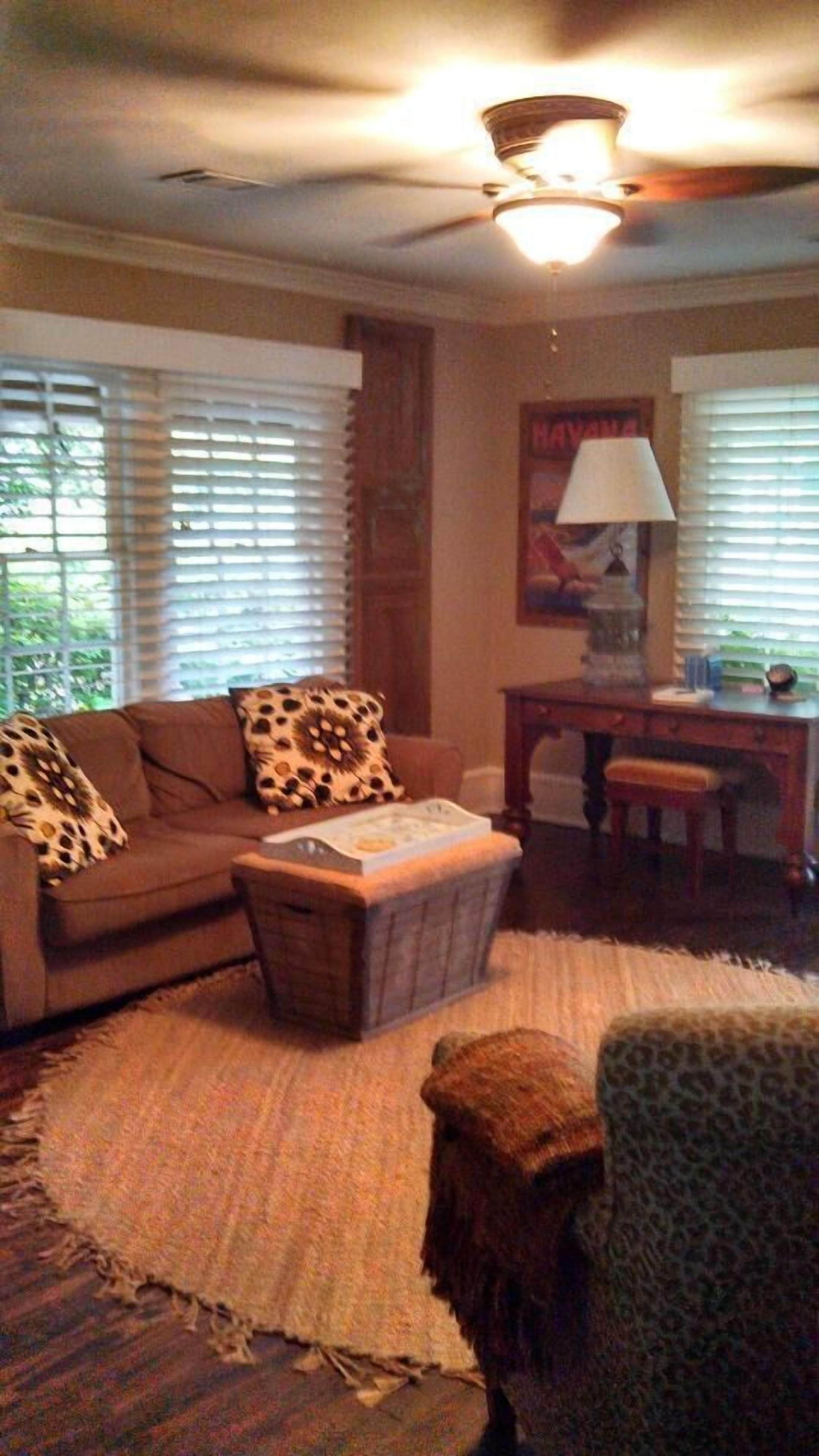A living room with a sofa, a coffee table, a leopard print chair, a lamp, and a ceiling fan.