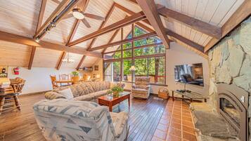 Smart TV, chimenea, libros y biblioteca musical