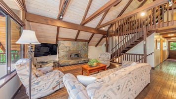 Smart TV, chimenea, libros y biblioteca musical