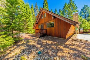 Une cabane en bois dotée d’un porche, entourée de grands arbres.