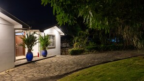 A modern house with a stone pathway leading to the entrance, surrounded by lush greenery and large potted plants.