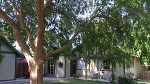 Un patio trasero residencial con un árbol grande, un porche con mobiliario exterior y una casa con un porche cubierto.