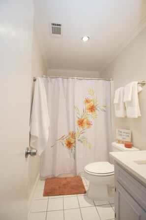 Combined shower/bathtub, hair dryer, towels, soap