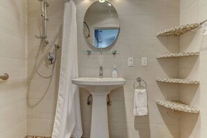Shower, hair dryer, shampoo